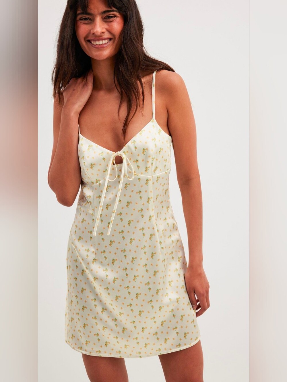 NA-KD Satin Thin Strap Mini Dress - Cream with Yellow Floral | Size S/6